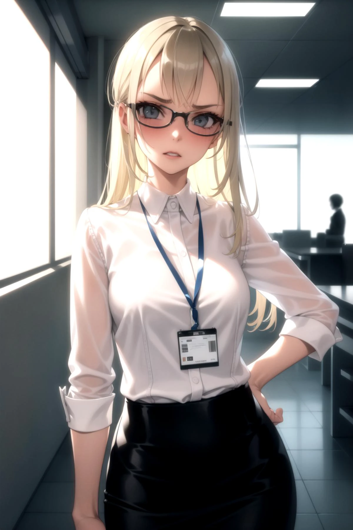 <lora:murakami_suigun_v0.1:1>
1girl, white shirt, pencil skirt, lanyard, office, blonde hair,, masterpiece, best quality, highly detailed