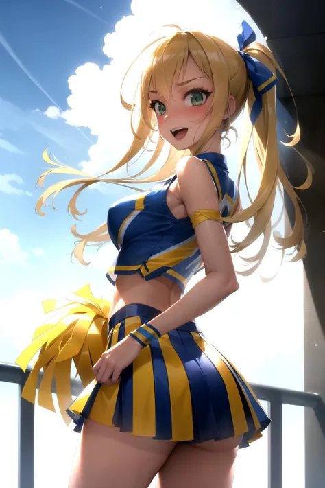 (masterpiece, highest quality, super detailed),girl,(evil smile),ponytail, beautiful eyes, (sunlight),(キラキラshine肌:1.27628),(hands on cheerleader pom poms:1.2)(dancing:1.0)(cheerleader costume:1.2) (pleated skirt:1.0), underboob,long hair, (ground:1.0) ,court,facing the front, cowboy shot,looking at the viewer, dynamic angle,perfect anatomy,Lens flare,shine,sunlight,daytime,(No panties:1.2), No panties,