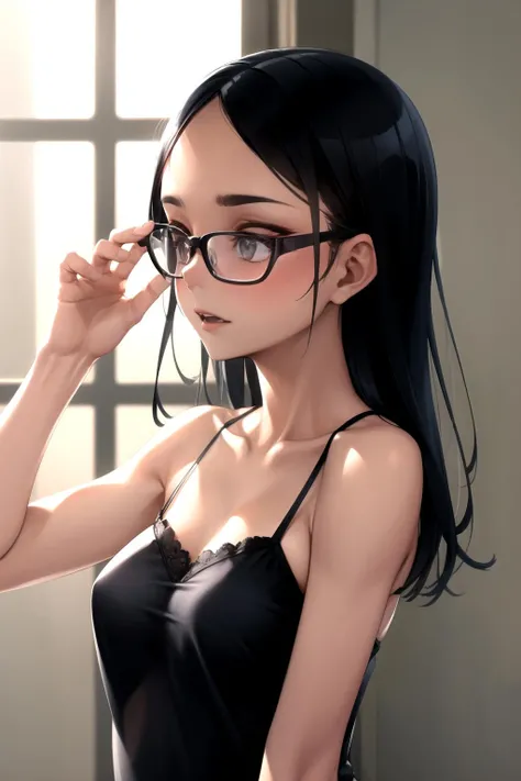 <lora:murakami_suigun_v0.1:1> 
1girl, adjusting eyewear, glasses, parted bangs, upper body, camisole,, masterpiece, best quality, highly detailed