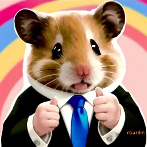 susu,hamster,necktie, suit, formal, thumbs up, solo, rainbow<lora:susu:0.8>
