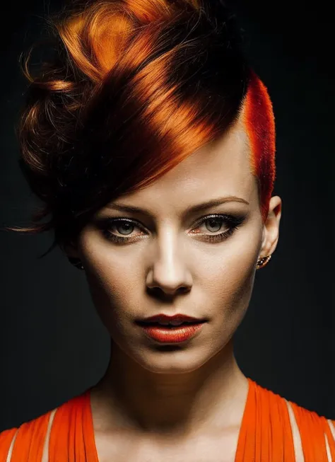 portrait of sks woman by Flora Borsi, style by Flora Borsi, bold, bright colours, orange Mohawk haircut, ((Flora Borsi)), <lora:locon_elizabethbanks_v1_from_v1_64_32:1>