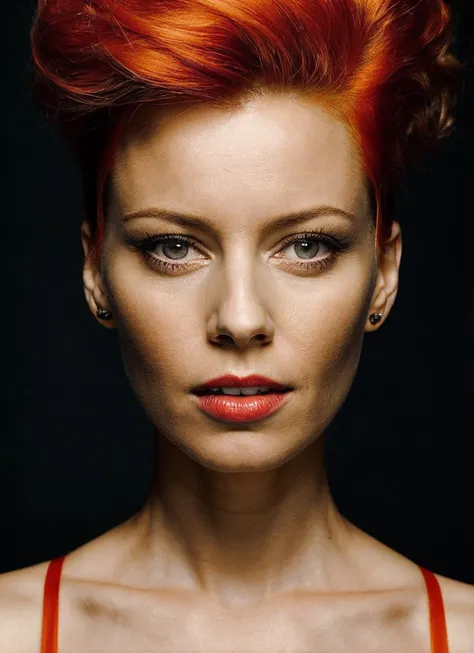 portrait of sks woman by Flora Borsi, style by Flora Borsi, bold, bright colours, orange Mohawk haircut, ((Flora Borsi)), <lora:locon_elizabethbanks_v2_from_v2_64_32:1>