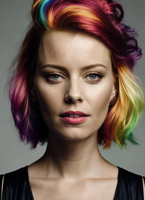 portrait of sks woman by Flora Borsi, style by Flora Borsi, bold, bright colours, rainbow Mohawk haircut, ((Flora Borsi)), <lora:locon_elizabethbanks_v2_from_v2_64_32:1>