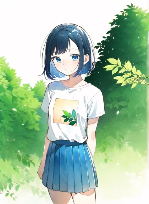 1girl, black and blue hair, blunted bangs, standing, loose t shirt, hires, arms_behind_back, cowboy shot, pleated skirt, white background, postcard, leaves, tree branch, 
chibi, small, cute, 
pastel, watercolor, mature female, 
 <lora:homebrew_safu:0.9>,