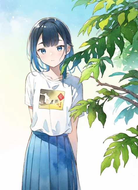 1girl, black and blue hair, blunted bangs, standing, loose t shirt, hires, arms_behind_back, cowboy shot, pleated skirt, white background, postcard, leaves, tree branch, 
pastel, watercolor, mature female, 
 <lora:homebrew_safu:0.9>,