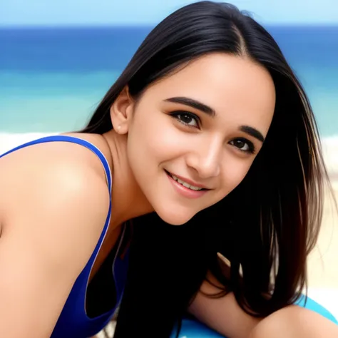 tarasharma, a photo of a woman, smiling at camera, outdoors, at a beach, blue ocean in background, skin texture, film grain <lora:5sharmasv5:0.8>