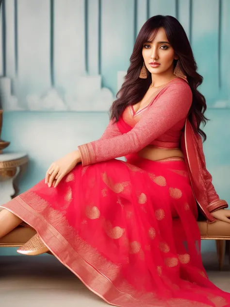 a photo of a pretty 25 year old woman, sharp facial features, real skin, in indian clothing, 4k, high resolution, professional makeup, posing for a magazine cover, ((full body)), nehasharma, perfect eyes <lora:sharmas2:0.7>