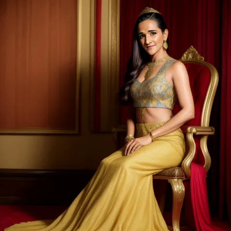 tarasharma,  ethnic princess,  richly embroidered gown, royal tapestry, realistic, hires photo, on a throne, clear face, realistic skin, high depth of field, cinematic lighting<lora:5sharmas:1>