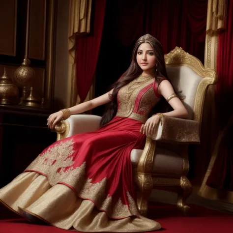 anushkasharma, ethnic princess, richly embroidered gown, royal tapestry, realistic, hires photo, on a throne, clear face, realistic skin, high depth of field, cinematic lighting<lora:5sharmas:1>
