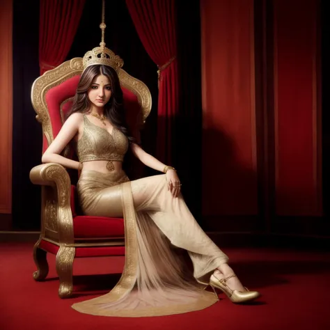 anushkasharma, ethnic princess, richly embroidered gown, royal tapestry, realistic, hires photo, on a throne, clear face, realistic skin, high depth of field, cinematic lighting<lora:5sharmas:1>