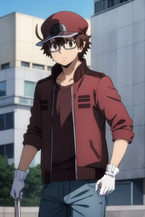 redbloodcellAA2153, <lora:red blood cell AA2153 s1-lora-nochekaiser:1>,
red blood cell AA2153, brown hair, (brown eyes:1.5), male focus, glasses, ahoge,
BREAK shirt, gloves, hat, jacket, pants, white gloves, red headwear, red jacket,
BREAK outdoors,
BREAK looking at viewer, (cowboy shot:1.5), dynamic pose,
BREAK <lyco:GoodHands-beta2:1>, (masterpiece:1.2), best quality, high resolution, unity 8k wallpaper, (illustration:0.8), (beautiful detailed eyes:1.6), extremely detailed face, perfect lighting, extremely detailed CG, (perfect hands, perfect anatomy),