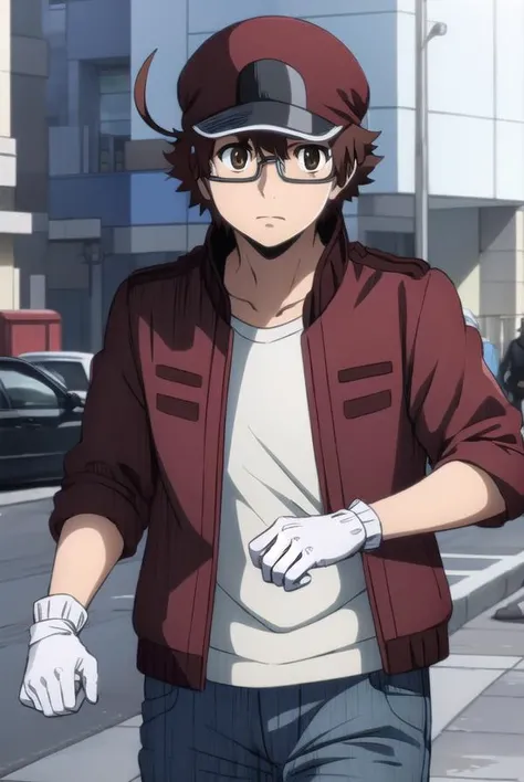 redbloodcellAA2153, <lora:red blood cell AA2153 s1-lora-nochekaiser:1>,
red blood cell AA2153, brown hair, (brown eyes:1.5), male focus, glasses, ahoge,
BREAK shirt, gloves, hat, jacket, pants, white gloves, red headwear, red jacket,
BREAK outdoors,
BREAK looking at viewer, (cowboy shot:1.5), dynamic pose,
BREAK <lyco:GoodHands-beta2:1>, (masterpiece:1.2), best quality, high resolution, unity 8k wallpaper, (illustration:0.8), (beautiful detailed eyes:1.6), extremely detailed face, perfect lighting, extremely detailed CG, (perfect hands, perfect anatomy),