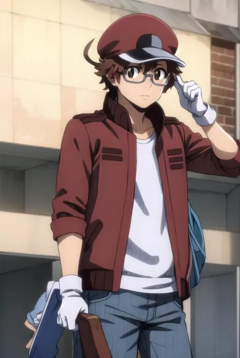 redbloodcellAA2153, <lora:red blood cell AA2153 s1-lora-nochekaiser:1>,
red blood cell AA2153, brown hair, (brown eyes:1.5), male focus, glasses, ahoge,
BREAK shirt, gloves, hat, jacket, pants, white gloves, red headwear, red jacket,
BREAK outdoors,
BREAK looking at viewer, (cowboy shot:1.5), dynamic pose,
BREAK <lyco:GoodHands-beta2:1>, (masterpiece:1.2), best quality, high resolution, unity 8k wallpaper, (illustration:0.8), (beautiful detailed eyes:1.6), extremely detailed face, perfect lighting, extremely detailed CG, (perfect hands, perfect anatomy),