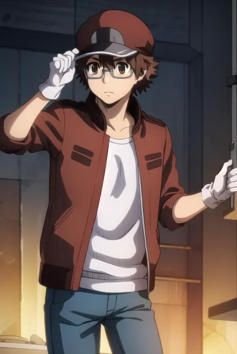 redbloodcellAA2153, <lora:red blood cell AA2153 s1-lora-nochekaiser:1>,
red blood cell AA2153, brown hair, (brown eyes:1.5), male focus, glasses, ahoge,
BREAK shirt, gloves, hat, jacket, pants, white gloves, red headwear, red jacket,
BREAK outdoors,
BREAK looking at viewer, (cowboy shot:1.5), dynamic pose,
BREAK <lyco:GoodHands-beta2:1>, (masterpiece:1.2), best quality, high resolution, unity 8k wallpaper, (illustration:0.8), (beautiful detailed eyes:1.6), extremely detailed face, perfect lighting, extremely detailed CG, (perfect hands, perfect anatomy),