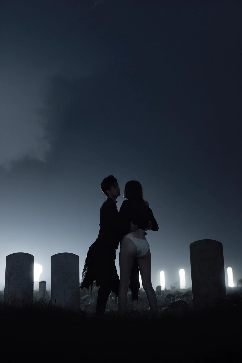 <lora:Saya-fingering from behind:0.8>,1girl,1boy,fingering from behind,grabbing,spread legs,hand in panties,graveyard,tombstone,night,mist,fog,haze,horror,