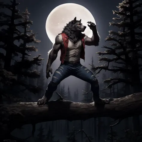 realistic, solo, male, by taran fiddler, anthro black wolf standing on a tree branch high above the ground, (torn red vest, torn black jeans, torn white t-shirt:1.3), (detailed eye:1.6), fluffy, detailed fluffy fur, (greay mane), smug grin, fluffy tail, (ghost lights), full body, moon light, detailed moon, (full moon behind the forest: 1.5), (detailed background:1.6), hdr