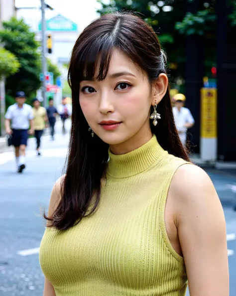 a woman posing on the street corner with yellow dress on, best quality, high res, 8k, 1girl, huge breasts, day, bright, outdoor, (street:0.8), (people, crowds:1), (lace-trimmed dress:1.5, yellow clothes:1.5, yellow high-neck dress:1.5, sleeveless dress, yellow dress: 1.5), gorgeous, (forehead, medium hair, ponytail), beautiful detailed sky, beautiful earrings, (dynamic pose:0.8), (upper body:1.2), soft lighting, wind, shiny skin, looking at viewer, (closed mouth), serious face <lora:JAV_Toko_N_v1.0:0.65>