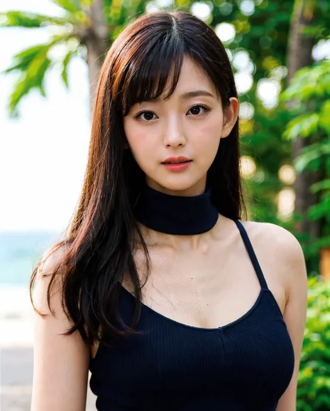 a woman posing on the beach with orange dress on, best quality, 1girl, huge breasts, day coconut tree, blur background:1.5, outdoor, (beach:0.8), (orange dress, orange highneck dess: 1.4), gorgeous, (parted bangs, medium-length black hair:1.5), beautiful detailed sky, (dynamic pose:0.61), (upper body:1), soft lighting, wind, shiny skin, closed mouth, gorgeous, pureerosface_v1:1, <lora:javToko_v10:0.65>