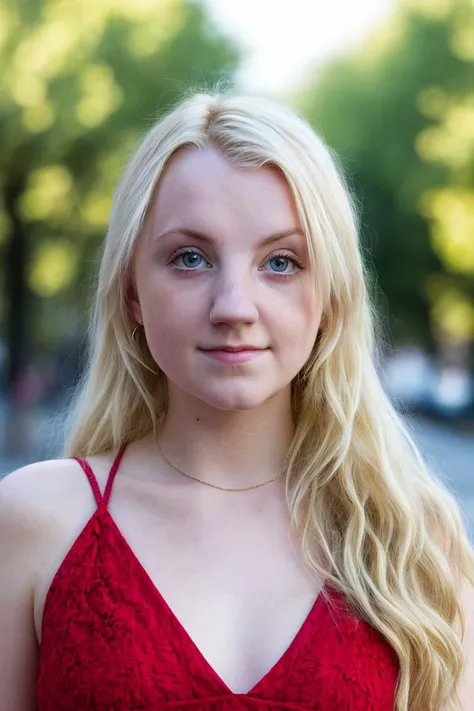 a picture of luna lovegood woman, blonde hair,detailed skin, surface scattering, bokeh, skin pores,  city streets,wearing a red dress,outdoors, looking at viewer ,(subtle smile:0.5), blue eyes, <lora:luna lovegood v3:1>