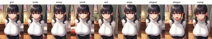 score_9, score_7_up, 1girl,blue eyes,twintails, black hair, turtleneck sweater, white sweater, black skirt, grin,looking at viewer, from front, bedroom, standing, huge breasts <lora:homunculus_(alchemynote)-Style-PonyXL-Dora-000034:1>