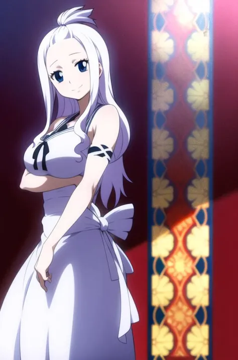 <lora:mirajane-10:1>, mirajane, mirajane strauss, blue eyes, white hair, large breasts, forehead, tied hair, long dress, smile, upper body,