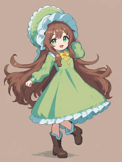 <lora:pixel style-000007:0.7>,pixel style,1girl, long hair, solo, green eyes, dress, very long hair, hat, smile, open mouth, green dress, brown hair, boots, looking at viewer, brown footwear, full body, hat flower, :d, leaning forward, bonnet, long sleeves, signature