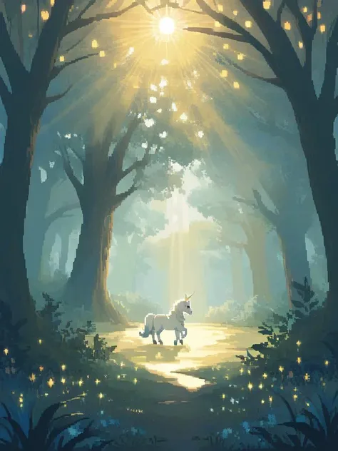 <lora:pixel style-000007:1>,pixel style,Envision a serene clearing in an enchanted forest,where a majestic unicorn gently approaches a curious . The scene is bathed in the soft,golden light of sunset,casting long shadows and creating a magical atmosphere.,