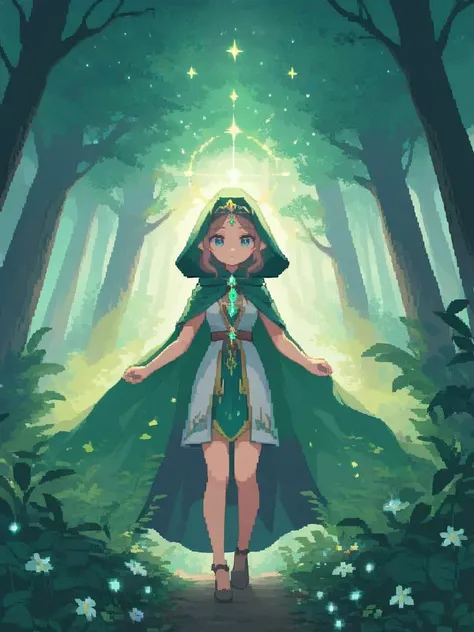<lora:pixel style-000007:0.7>,pixel style,Envision a beautiful enchantress in a mystical forest,her eyes sparkling with ancient wisdom. She's surrounded by ethereal light,with a cloak of leaves and flowers that blends seamlessly into the surrounding nature.,