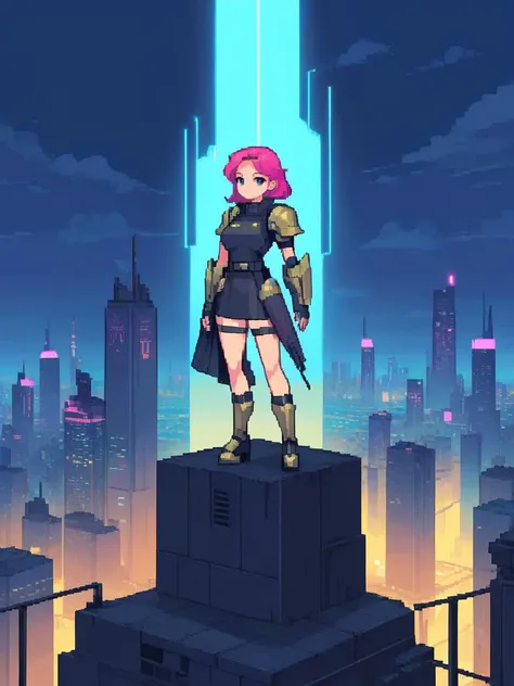 <lora:pixel style-000007:0.7>,pixel style, Imagine a striking woman in a dystopian future, leading a group of rebels. She's dressed in sleek, armor-like clothing, standing confidently atop a building overlooking a neon-lit city, a symbol of hope and resistance.