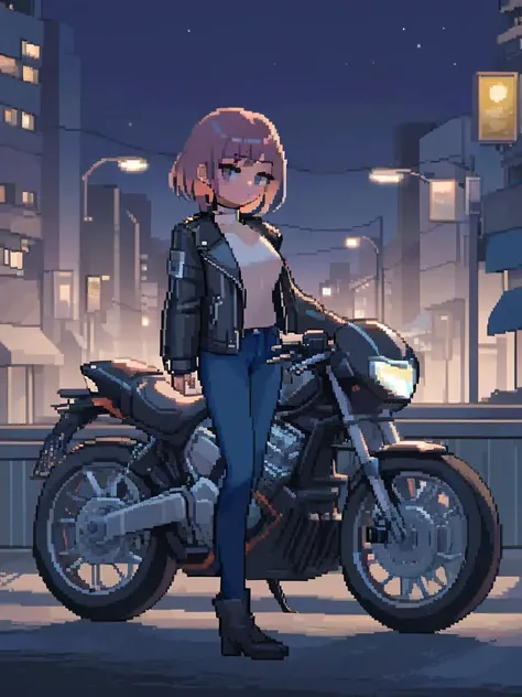 <lora:pixel style-000007:1>,pixel style,Envision a strikingly beautiful girl standing beside a sleek motorcycle. Her attire is a fusion of edgy and elegant,with a leather jacket and form-fitting jeans. The motorcycle is a high-tech model,gleaming under the streetlights. The scene is set in an urban landscape at dusk,with city lights beginning to twinkle in the background.,