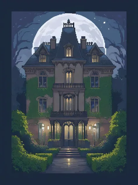 <lora:pixel style-000007:1>,pixel style, Picture a grand, yet eerie, Victorian mansion at twilight. The house stands tall and imposing, with gothic windows and ivy climbing its walls. A ghostly figure appears in one of the windows, gazing out into the misty, moonlit garden.