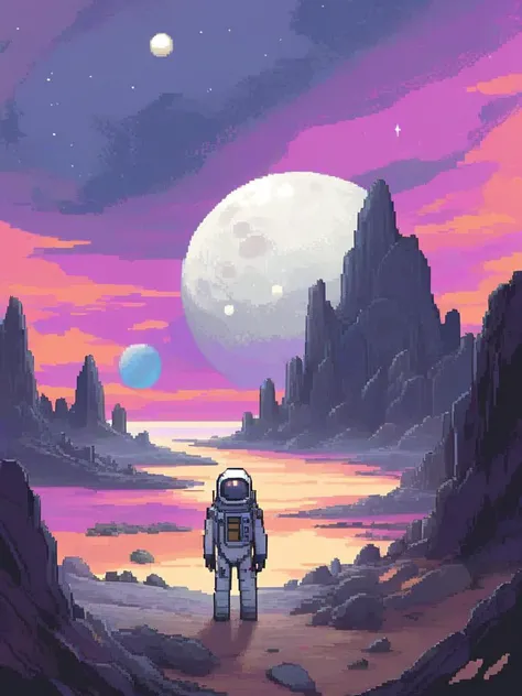 <lora:pixel style-000007:1>,pixel style,Picture an astronaut exploring the surface of a distant, alien planet. The landscape is dotted with bizarre rock formations and a vibrant, multicolored sky, with two moons visible in the distance. The astronaut looks in awe at the unfamiliar, yet beautiful, horizon.