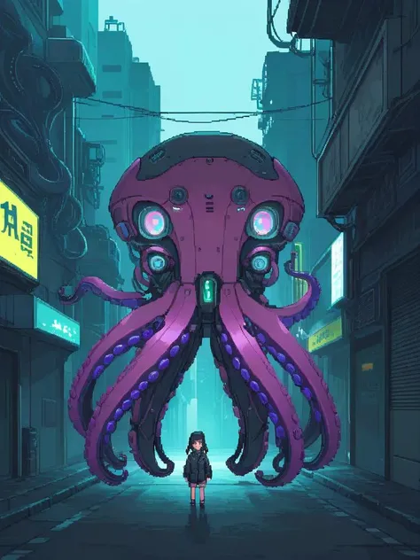 <lora:pixel style-000007:0.8>,pixel style,cyberpunk,Mechanical octopus,1girl,street,
