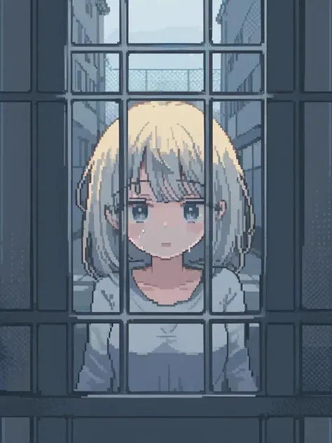 <lora:pixel style-000007:1>,pixel style,See a girl of stunning beauty, her face awash with tears, in a cell that looks out onto a bustling street. The sounds of life and freedom just beyond her reach amplify the tragedy of her confinement, as she watches the world go by, separated by the cruel barrier of her imprisonment.