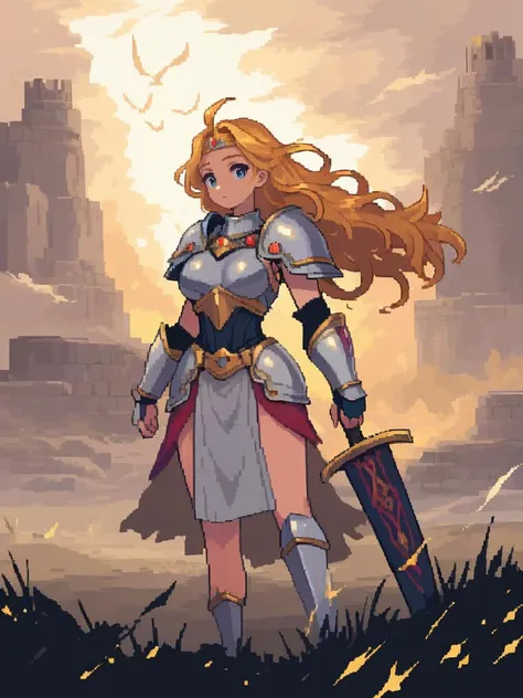<lora:pixel style-000007:0.7>,pixel style,Picture a fierce and beautiful warrior princess in ancient times, her armor adorned with symbols of her kingdom. She stands tall on a battlefield, a sword in hand, her hair blowing in the wind, ready to defend her people with valor.