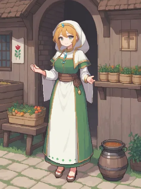 <lora:pixel style-000007:0.7>,pixel style,Visualize a compassionate and beautiful healer in a medieval village. She's dressed in simple, yet elegant medieval garb, tending to the needs of villagers with a gentle touch and a warm smile, known for her wisdom and kindness.