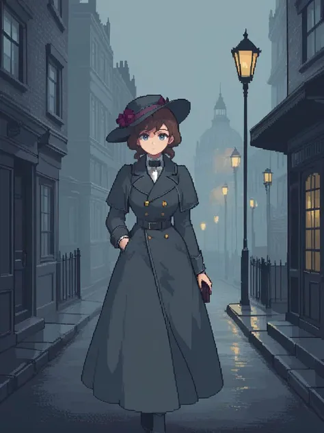<lora:pixel style-000007:0.7>,pixel style,Visualize a beautiful, sharp-witted lady detective in Victorian London. She's dressed in period attire, with a hint of defiance in her eyes. She walks briskly through foggy streets, her mind racing to solve the latest mystery.