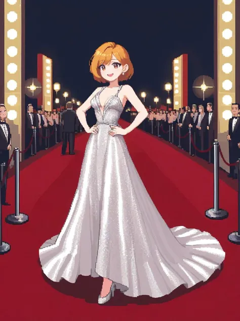 <lora:pixel style-000007:0.7>,pixel style, Picture a glamorous and beautiful actress on the red carpet at a film premiere. She's dressed in a dazzling designer gown, her smile radiant as flashbulbs capture her from every angle, the epitome of Hollywood elegance.