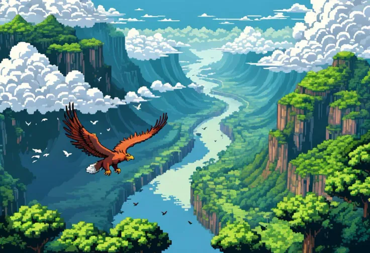 beautiful pixel art high in the clouds. birds eye view looking down at the griffin. far away you see the land which is a massive river flowing between a rather large rainforest. birds are flying closer to the landscape. the trees are highly detailed. natural lighting. beautiful composure. 4 legs. anime style.