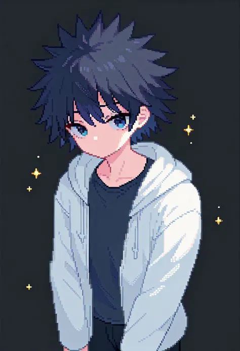 (masterpiece, best quality, very aesthetic, absurdres), no_lighting, looking at viewer, solo, peaceful, closed mouth, 1boy, adult, kamijou_touma, black hair, spiky hair, dark_blue eyes, white hoodie, hood down, black blazer, open blazer, blazer over hoodie, black slacks, cowboy shot, dark background, black background, sparkling, (ultra detailed perfect piece:1.2), illustration, masterpiece, (extremely detailed CG 8k), (very fine 8K CG), pixel style