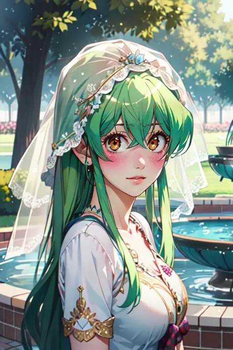 (best quality:1.1), (masterpiece:1.4), , , , depth of field, , (realistic:1.4), 1girl, solo, <lora:youko_shiragami:0.94>, youko_shiragami, green hair, brown eyes, , embroidered, wedding veil, fountain, 12k resolution