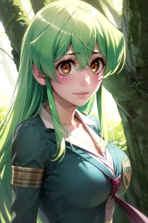 Extremely beautiful girl, green hair, long hair, bright green eyes, Green high school girl uniform, huge breasts, Tugging a guy's arm seductively, good quality, masterpiece, Beautiful eyes, Detailed eyes, Big eyes, Visual novel game style