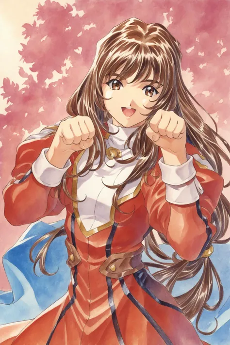 1girl,solo,erica fontaine,cowboy shot,smile,open mouth,looking at viewer,upper body,paw pose,brown hair,brown eyes,long hair,bangs,low tied hair,bangs,sidelocks,red dress,puffy sleeves,long sleeves,brown boots,long dress,traditional media,score_9,score_8_up,<lora:Kosuke Fujishima_XL_PONY:0.9>,<lora:ericaF_autismConfetti_v03:0.5>,