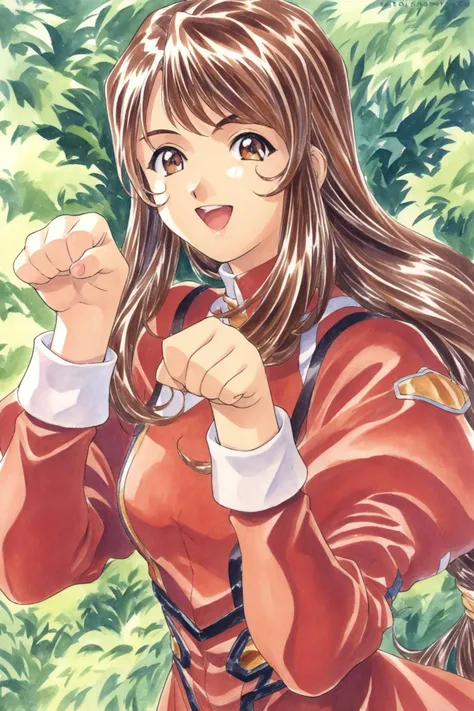 1girl,solo,erica fontaine,cowboy shot,smile,open mouth,looking at viewer,upper body,paw pose,brown hair,brown eyes,long hair,bangs,low tied hair,bangs,sidelocks,red dress,puffy sleeves,long sleeves,brown boots,long dress,traditional media,score_9,score_8_up,<lora:Kosuke Fujishima_XL_PONY:0.9>,<lora:ericaF_autismConfetti_v03:0.5>,