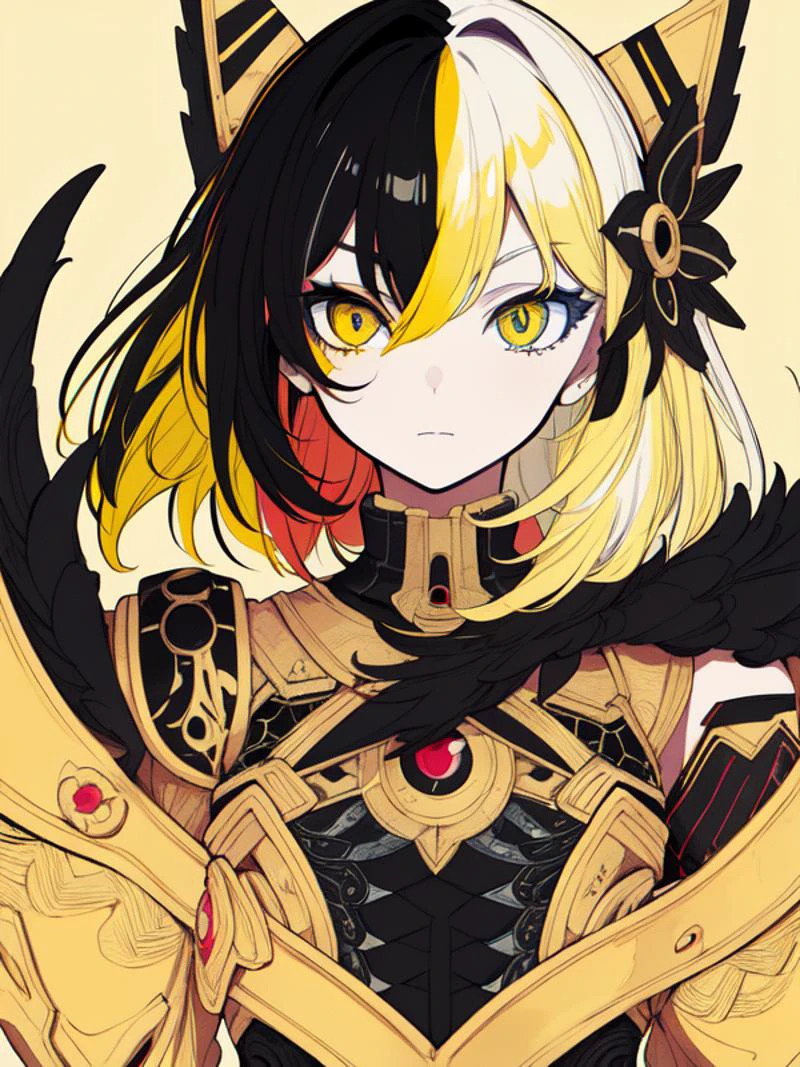 ((masterpiece, best quality, ultra-detailed, high-resolution)), solo, beautiful girl, gleaming eye, perfect eye, , bright color,golden eyes, black and yellow hair, ready to fight pose, looking at the viewer, mixed media, diverse materials, unexpected combinations, creative exploration, flat colors, handcrafted texture,simple background, <lora:wontonColorbox_v10Fp16:1> <lora:scene_v4_0414download:1>