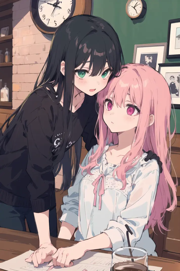 (((masterpiece))),(((best quality))),rough sketch, ((illustration)),((an extremely beautiful)),beautiful detailed eyes, (yuri),two girls,a girl have balck long hair and green eyes,
,another girl have goledn hair and pink eyes,
coffee house,table,wall clock,glass background