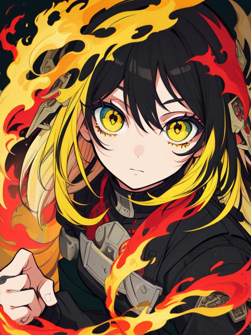 ((masterpiece, best quality, ultra-detailed, high-resolution)), solo, beautiful girl, gleaming eye, perfect eye, age 35, bright color,fire eyes, black and yellow hair, ready to fight pose, looking at the viewer, mixed media, diverse materials, unexpected combinations, creative exploration, handcrafted texture,simple background, <lora:wontonColorbox_v10Fp16:1> <lora:scene_v4_0414download:1>