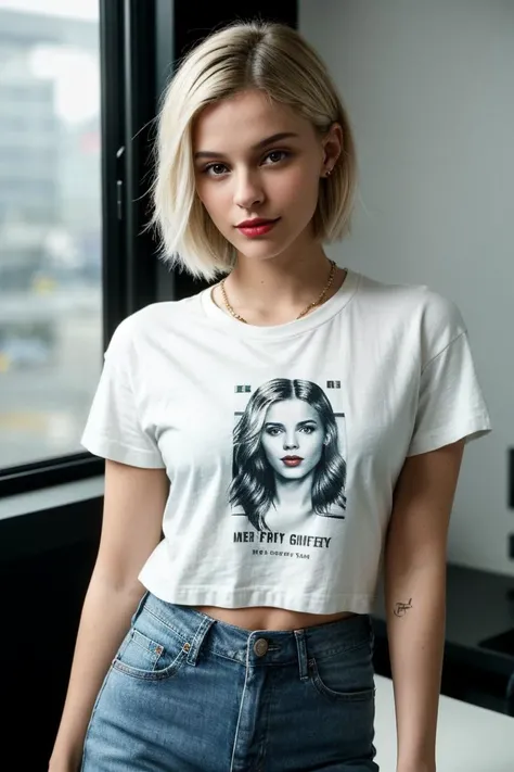 photo of fit (Chr1styWh1t3-140:0.99), a beautiful woman, perfect hair, (modern photo), wearing a (crew neck funny t-shirt:1.2) and jeans with jewelry, portrait, 85mm, (analog, cinematic, film grain:1.3), (Genetic Lab, Cutting-edge lab with DNA manipulation, incubation chambers, and genetically modified organisms.), detailed eyes, professional pose, painted lips, (epiCPhoto), (looking at viewer:1.1), jewelry, (cinematic shot:1.3), (natural lighting, lit from above), <lora:add_detail:0.5>