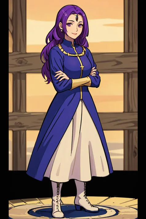 (masterpiece,best quality),1girl,eleanorafe,standing,facing viewer,purple hair,purple eyes,dress,long hair,(jewelry,circlet:1.2),smiling,crossed arms,solo,full body,boots,in medieval town, <lora:last:0.7>