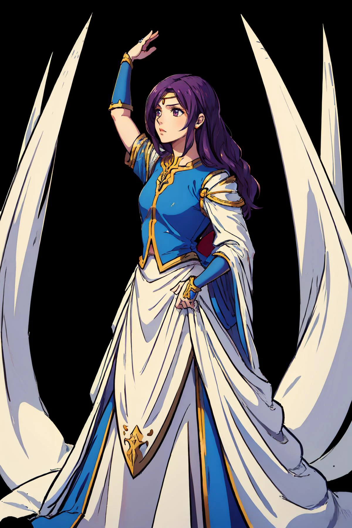 masterpiece, best quality, <lora:EleanoraFE:0.8> EleanoraFE, dress, jewelry, circlet, standing, <lora:FEH_Concept_v2:1> feh, black background, simple background, serious, raised arm